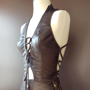 Heaven Leather Halter Crop Top, Women&#39;s SHEEPSKIN Short Backless Vest, Black Cherry Walnut Chocolate, Sexy Festival Concert Biker Clothing