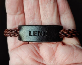 Engraved Identity Bracelet, Hand Braided Leather Strap w/ Wood Button & Loop, Brown Black Woven Leather Cord, Men's Women's Boho ID Jewelry