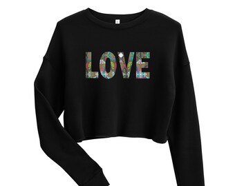 LOVE Graphic Crop Sweatshirt, Crew Neck Fleece Sweatshirt, Butterfly Letters, Womens Long Sleeve Top, Boho Love Cropped Shirt, Gift for Her