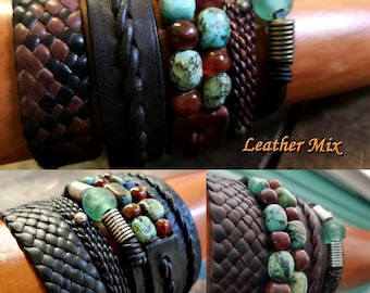 5 Leather Bracelets, Men's Women's Leather Bracelet Set, Braided Leather, Turquoise Carnelian African Beads, Boho Tribal Bracelet Stack TANO