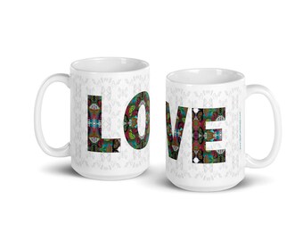 LOVE Mug, 11 or 15 oz Valentine's Day Coffee Cup, Gift for Her, Birthday Anniversary Lovers Couples Gift, Love Ceramic Mug, Butterfly Font