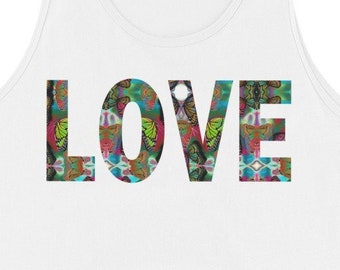 LOVE Tank Style Graphic T-Shirt, Unisex Butterfly Word Art Sleeveless T-Shirt, White Black Red Grey, Workout Yoga Tee, Christian Spiritual