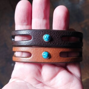 Turquoise or Coral Stone Rivet Leather Bracelet, Black Brown or Tobacco Leather, Men's Women's, Boho South Western Wrist Band, LiL TRINITY