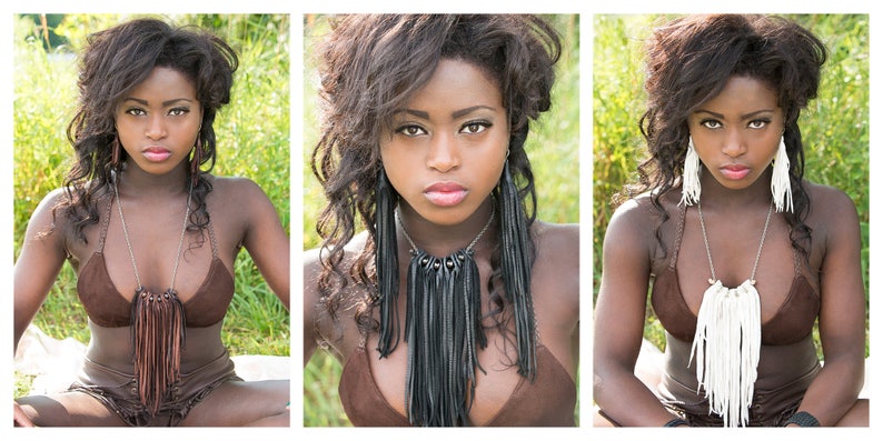 Fringe Leather Necklace /& Long Leather Tassel Earrings Brass African Beads Silver Chain Black White Brown Badu-Mini Kimani Necklace Set