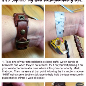 Puede incluir: Una gu&iacute;a sobre c&oacute;mo medir una mu&ntilde;eca para un brazalete de cuero. La gu&iacute;a incluye im&aacute;genes de una cinta m&eacute;trica envuelta alrededor de una mu&ntilde;eca y un brazalete de cuero. El texto incluye instrucciones sobre c&oacute;mo medir una mu&ntilde;eca y c&oacute;mo medir el interior de un brazalete.