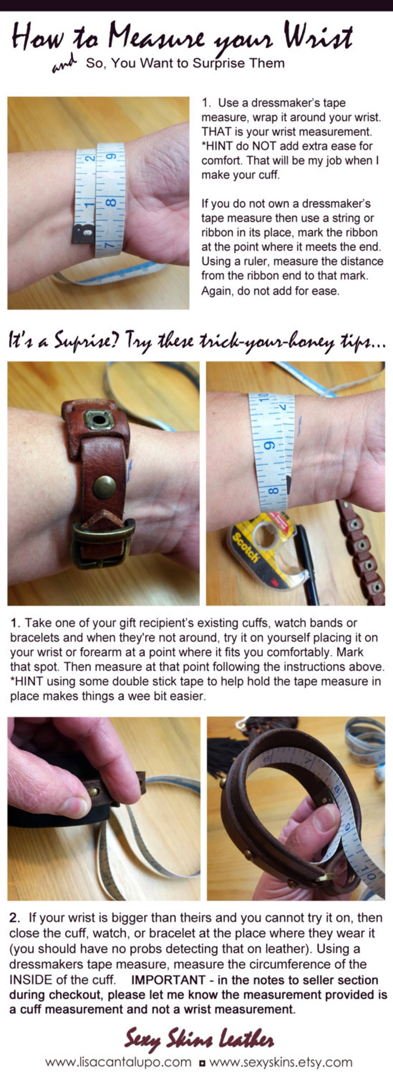 Puede incluir: Una gu&iacute;a sobre c&oacute;mo medir una mu&ntilde;eca para un brazalete de cuero. La gu&iacute;a incluye im&aacute;genes de una cinta m&eacute;trica envuelta alrededor de una mu&ntilde;eca y un brazalete de cuero. El texto incluye instrucciones sobre c&oacute;mo medir una mu&ntilde;eca y c&oacute;mo medir el interior de un brazalete.