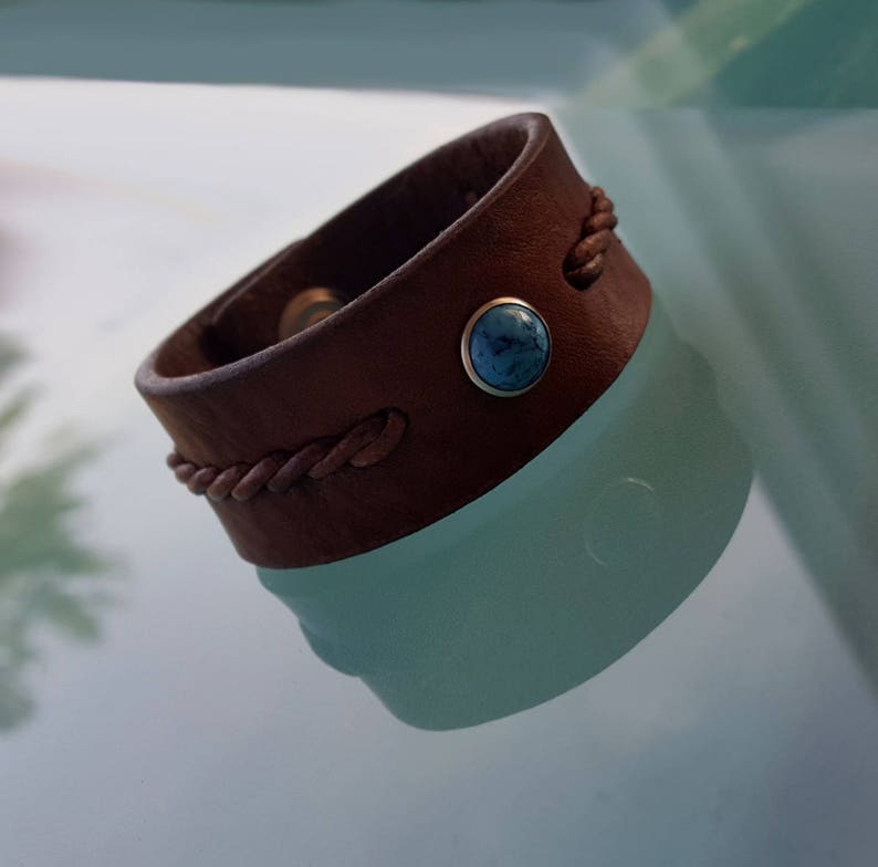 WIDE Braided Leather Cuff Bracelet w/ Turquoise Stone Rivet Etsy