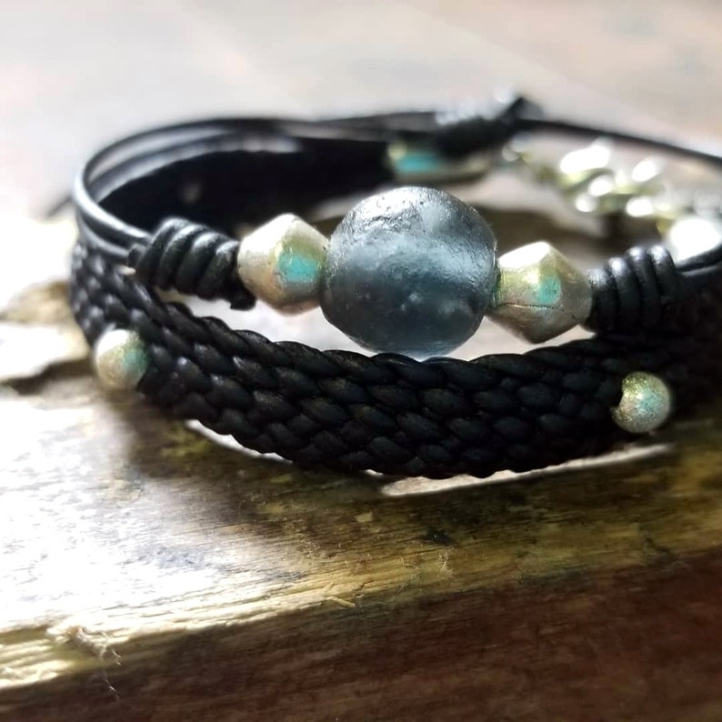 Leather Cord Bracelet w/ African Glass Bead, Aquamarine or Charcoal Beads, Women's Boho Stacking Bracelet, Black or Brown Leather, JAYLA image 6