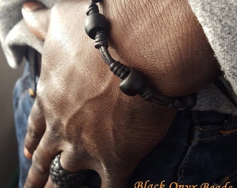 African Trade Beads Leather Knot Bracelet, Men's Women's Cord Bracelet, Black Brown Blue White Red Beads, Boho Surfer Tribal Jewelry, CHUMA