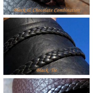 May include: Close-up shots of leather accessories. One image shows a black and chocolate brown braided detail, with the text "Black & Chocolate Combination". Another shows a black braided detail with the text "Black Tie". The last image shows a chocolate brown braided detail with the text "Chocolate Tie".