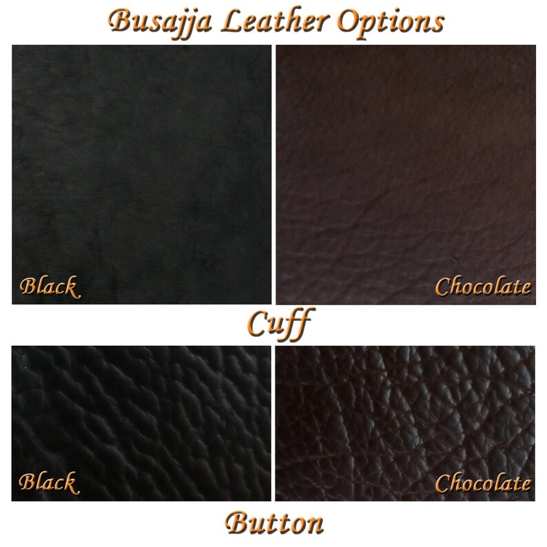 Op de afbeelding: Afbeelding met lederopties met de tekst "Busajja Leather Options". De afbeelding toont vier lederstalen: twee in zwart en twee in chocoladebruin. De bovenste stalen zijn glad, terwijl de onderste gestructureerd zijn, met de labels "Cuff" en "Button".