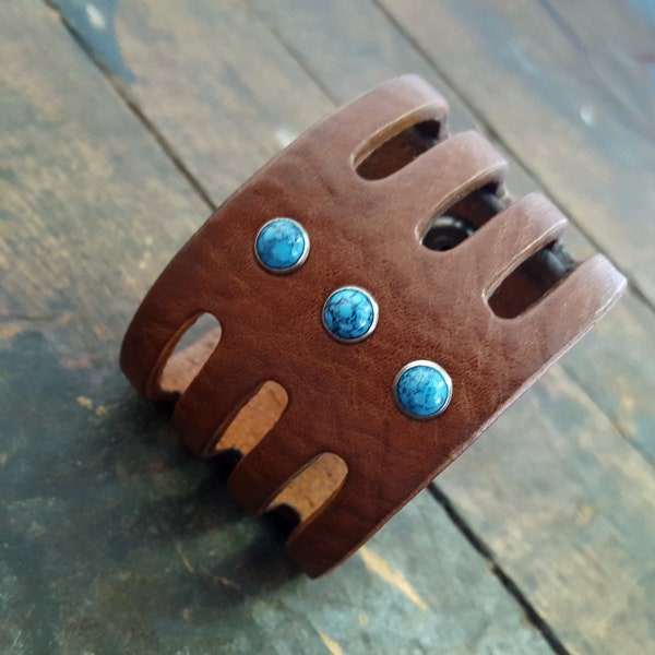 Wide Leather Cuff Bracelet; Turquoise or Coral Stone Rivets, Brown Black Tobacco, Men's Women's Wrist Band, South Western Style, TRINITY