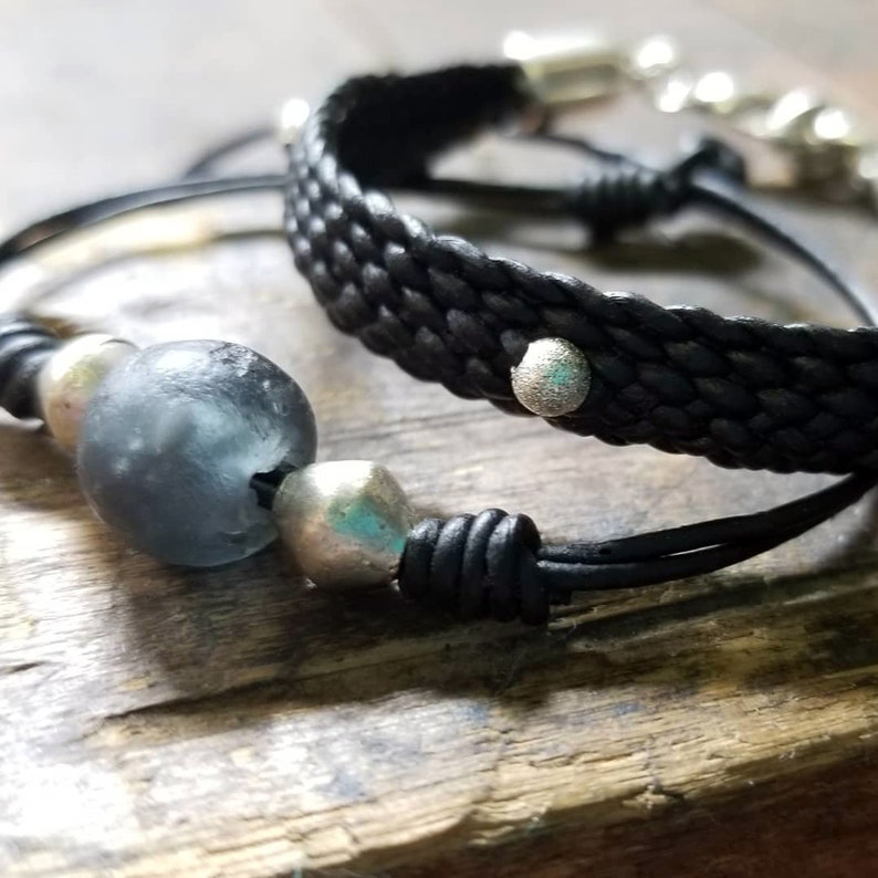 Leather Cord Bracelet w/ African Glass Bead, Aquamarine or Charcoal Beads, Women's Boho Stacking Bracelet, Black or Brown Leather, JAYLA image 7