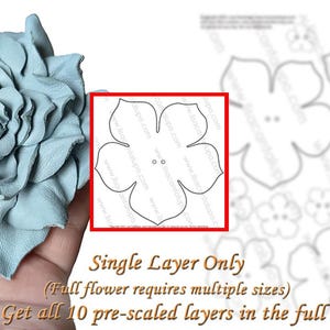 May include: A light blue leather flower with ruffled petals is held in a hand. A flower template is outlined in a red square. Text reads "Single Layer Only" and "Get all 10 pre-scaled layers in the full set."