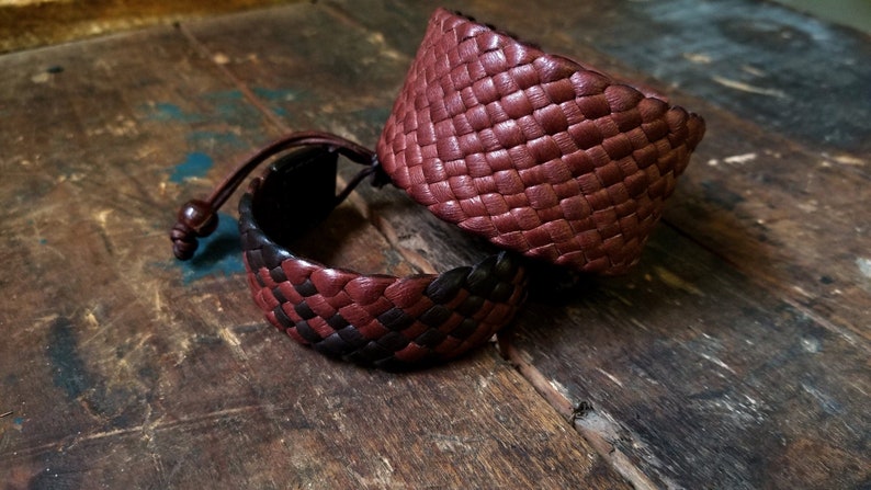 Braided Leather Cuff Bracelet, Men's Women's Wide Woven Wrist Band, Black Brown Deerskin Leather Snap Cuff, Tribal Leather Jewelry, SHANI zdjęcie 4