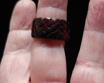 Braided Leather Ring, Men's Women's Woven Wide Leather Wedding Band, Black Brown Turquoise Deerskin, Leather Anniversary Ring, No Metal KAMA