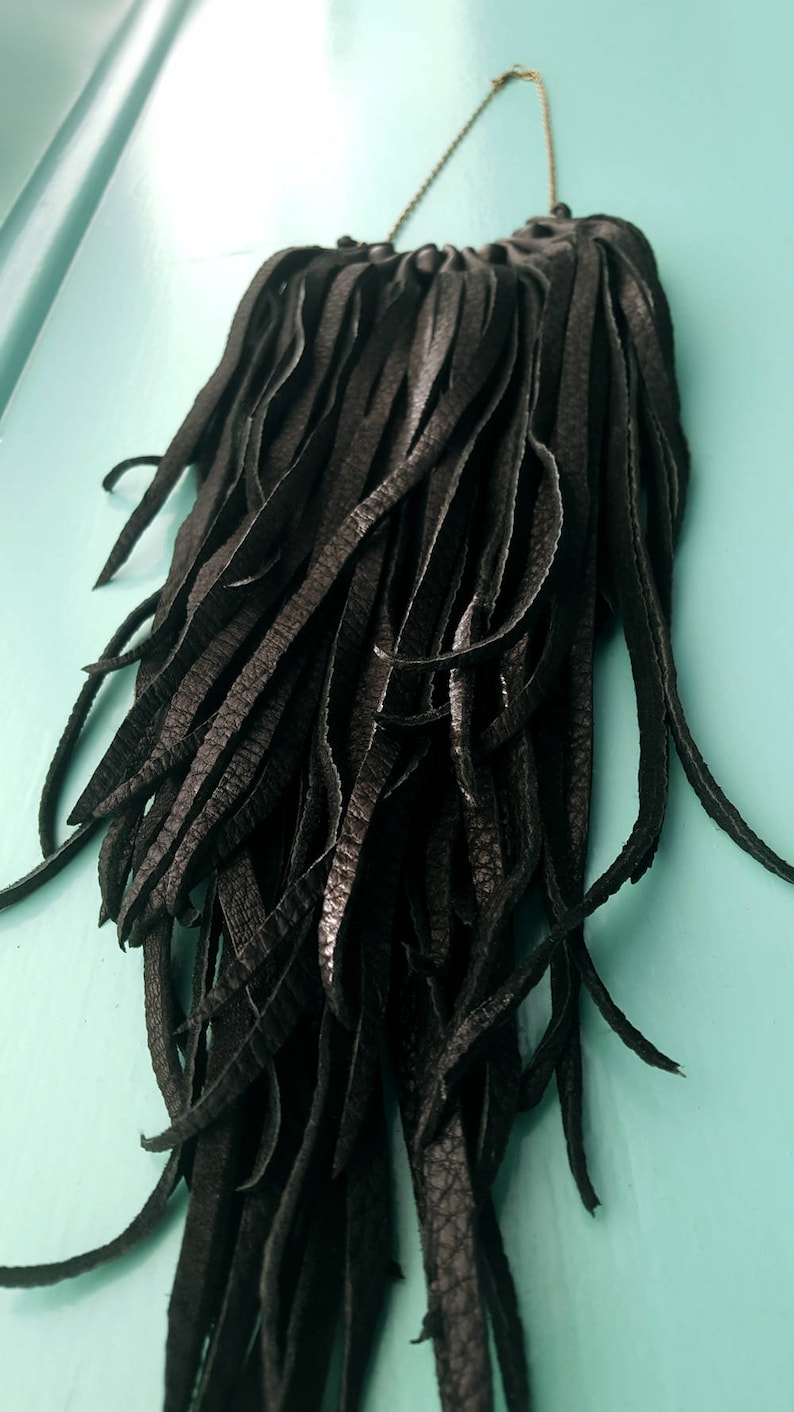 Fringe Leather Necklace /& Long Leather Tassel Earrings Brass African Beads Silver Chain Black White Brown Badu-Mini Kimani Necklace Set