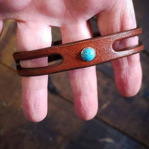 Leather Bracelet; Turquoise or Coral Stone Rivet, Black, Brown or Tobacco, Men's Women's, Boho South Western Style Wrist Band, LiL TRINITY