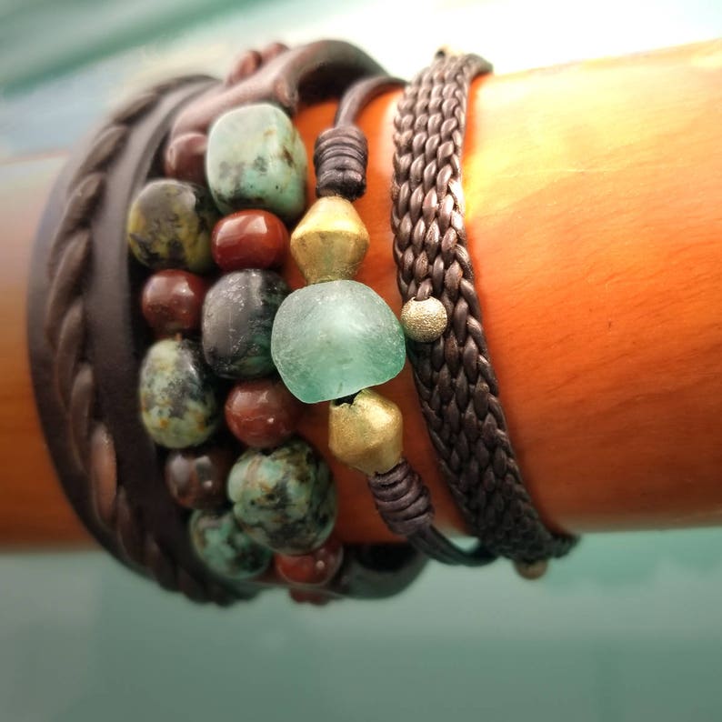 Leather Cord Bracelet w/ African Glass Bead, Aquamarine or Charcoal Beads, Women's Boho Stacking Bracelet, Black or Brown Leather, JAYLA image 9