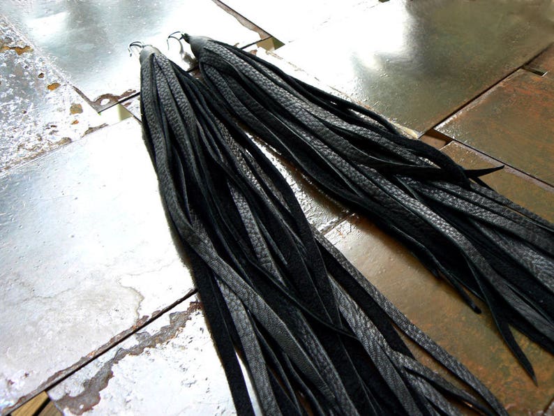 Kimani Leather Tassel Earrings Fetish Costume Jewelry Gypsy Hippie Boho Leather Fringe Earrings Feather Earrings Long Leather Earrings