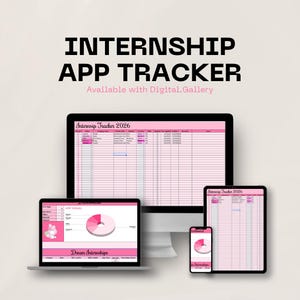 Könnte beinhalten: Ein digitaler Praktikums-App-Tracker, der auf einem Laptop, einem Desktop-Monitor, einem Tablet und einem Smartphone angezeigt wird. Die Bildschirme zeigen rosa Tabellen und Diagramme. Der Text "INTERNSHIP APP TRACKER" steht oben.