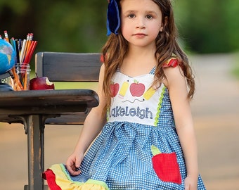 Girls Back To School Dress, Personalized Dress, School Dress, School Picture Dress, Apple Dress, Back to School, First Day of School