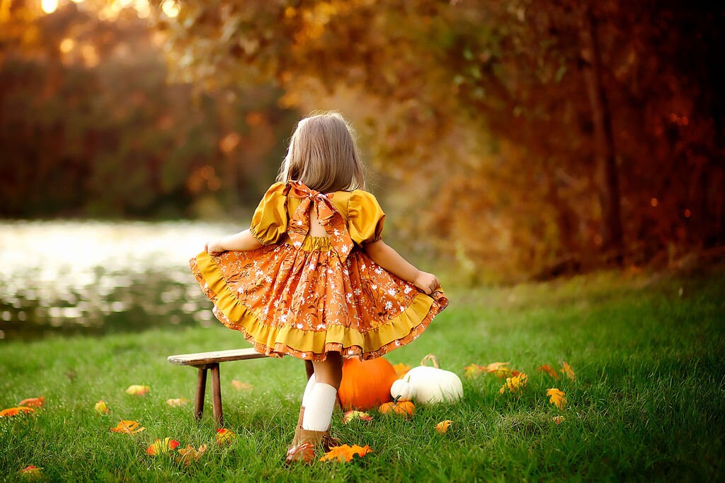 Girls Thanksgiving Dress, Girls Fall Dress, Girls Pumpkin Dress, Girls Fall Floral Dress, Thanksgiving Dress