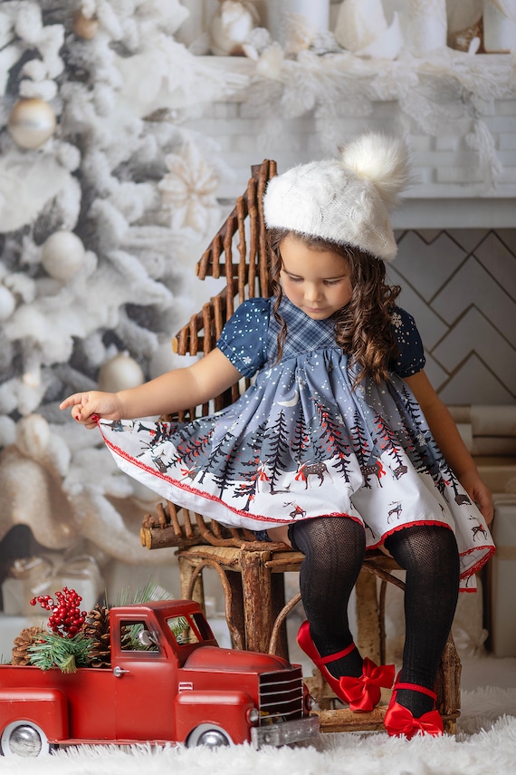 navy blue dress for baby girl Christmas Tartan Red Green Long Sleeve Cotton Dress | Holiday Toddler Outfit | Winter Outfit main image 1