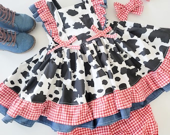 Girls Cow Dress, Baby Cow Dress, Cow Birthday Outfit, Moo I'm Two, Toddler Cow Outfit, Cow Dress, Cow Outfit, Farm Dress, Farm Outfit