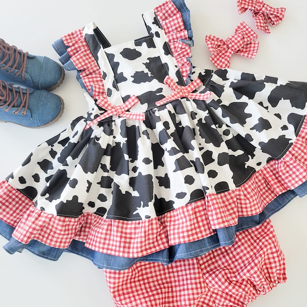 Girls Cow Dress, Baby Cow Dress, Cow Birthday Outfit, Moo I'm Two, Toddler Cow Outfit, Cow Dress, Cow Outfit, Farm Dress, Farm Outfit