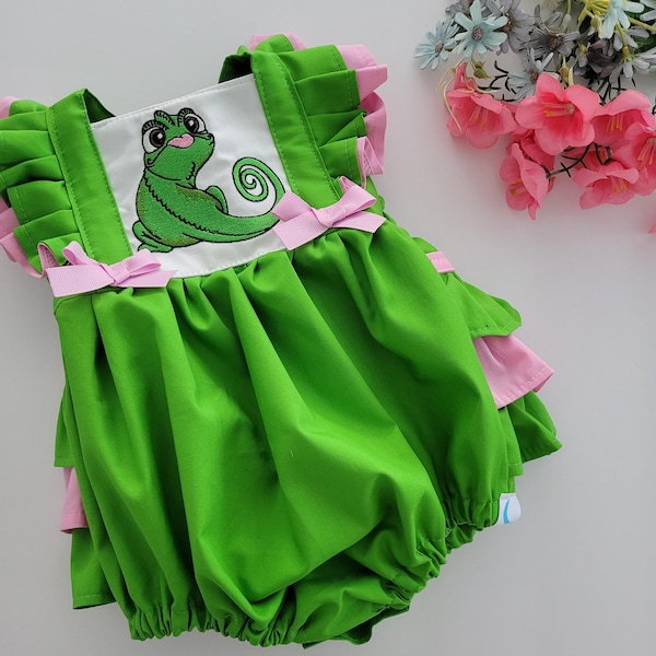 Baby Pascal Romper, Baby Romper, Baby Rapunzel Romper Tangled Romper, Pascal Romper for Girls, Tangled Inspired Outfit Rapunzel’s Chameleon