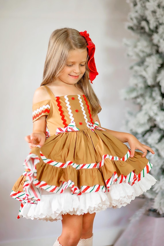 Girls Gingerbread Christmas Dress With Pettiskirt & Bloomers
