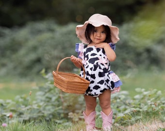 Girls Cow Romper, Baby Girl Cow Romper, Baby Romper, Cow Romper, Cow Ruffle Romper, Cow Gingham Romper, Pink Cow Romper, Moo I'm Two Outfit