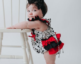 Baby Dalmatian Romper, 101 Dalmatians, Baby Romper, Toddler Romper, Ruffle Romper, Halloween Costume, Dalmatian Costume, Cruella, Romper