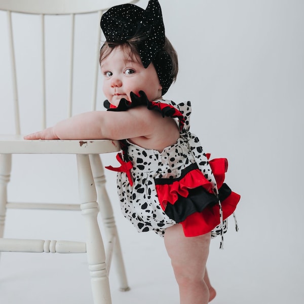 Baby Dalmatian Romper, 101 Dalmatians, Baby Romper, Toddler Romper, Ruffle Romper, Halloween Costume, Dalmatian Costume, Cruella, Romper