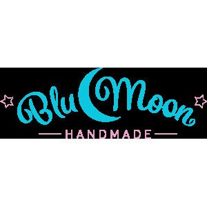 May include: Blue Moon Handmade logo with a crescent moon and stars in pink. The text is in a blue cursive font.