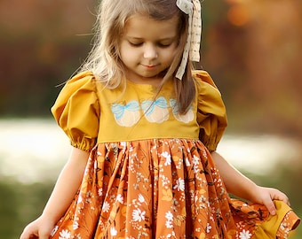 Girls Thanksgiving Dress, Girls Fall Dress, Girls Pumpkin Dress, Girls Fall floral Dress, Thanksgiving Dress