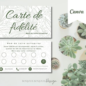 carte de fidélité nature , carte de fidélité client, carte de fidélité vert foncé avec motifs floral, petites entreprises