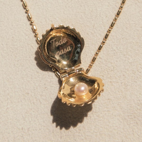 Gold Vermeil Seashell Charm Necklace with Pearl, Hidden Message Open and Close, EDA Grand Prize Winner