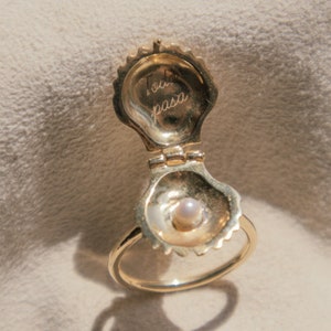 Anillo de concha de oro, anillo de concha de oro, anillo de concha llamativo, anillo que se abre y se cierra, anillo de oro vermeil con perla, anillo de oro con mensaje, anillo