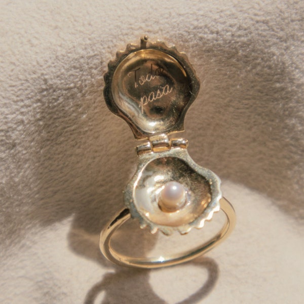 Gold Vermeil Seashell Ring with Pearl, Hidden Message Open and Close