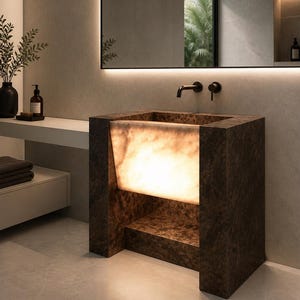 Lyxigt handfat i onyx med upplysning 94 cm B x 89 cm H x 51 cm D Fristående marmorkommod, stort LED-bakgrundsbelyst stenhandfat, designat badrumsfönster