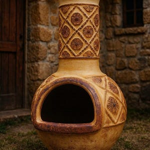 Puede incluir: Una gran chimenea de exterior de color beige con una base redondeada y una chimenea cilíndrica alta. La chimenea presenta un patrón de diamantes decorativo con detalles florales. La abertura tiene forma de arco.