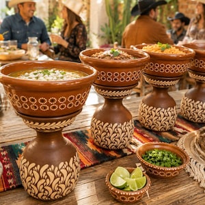 Puede incluir: Una mesa con varios cuencos de cerámica marrón llenos de comida. Los cuencos están sostenidos por pedestales ornamentados con un diseño floral. Cuencos adicionales contienen limas y hierbas. También se ven un camino de mesa colorido y platos.