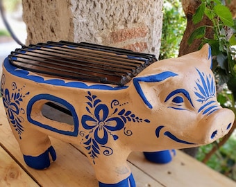 Handmade Terracotta pig Shaped Brazier with Floral Design - 17 Inch Buffet and Banquet Anafre, Includes Mexican Clay Pot and Iron Grill