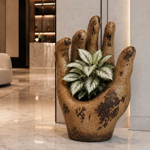 Oversized Hand Planter, Handmade Mexican Terracotta Sculptural Floor Pot, 31.5 in