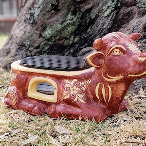 Handmade Terracotta Bull Shaped Brazier with Floral Design - 21 Inch Buffet and Banquet Anafre, Includes Mexican Clay Pot and Iron Grill