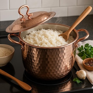 May include: A copper-colored cooking pot with a lid, filled with cooked white rice. The pot has a hammered texture and two handles. A wooden spoon rests inside the pot. Additional ingredients and a wooden spoon are visible.