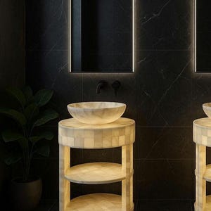 Luxury Stone Bathroom Vanity, Handmade in Mexico, Luxury Onyx Vessel Sink with Stand – Backlit Double Bathroom Vanity 33.5”