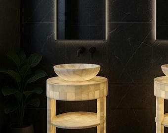 Luxury Stone Bathroom Vanity, Handmade in Mexico, Luxury Onyx Vessel Sink with Stand – Backlit Double Bathroom Vanity 33.5”